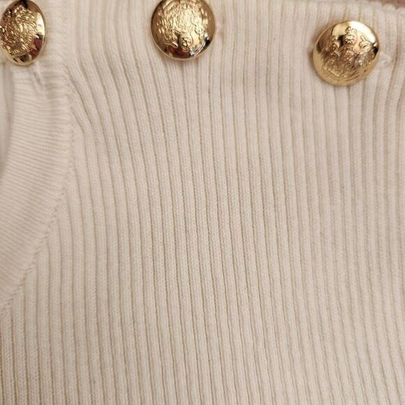 Lauren Ralph Lauren Sweater Womens XL Button Trim Ribbed Gold Ivory Puff Sleeve - Picture 6 of 7